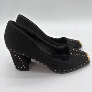 Vtg Bigtree Flocked Gold Studded Faux Suede Heels Black Cap Toe Edgy 37 7
